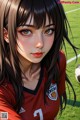 A girl in a red shirt holding a soccer ball.