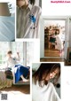 A collage of photos of a woman in a white shirt and blue skirt.