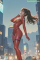 A woman in a red latex outfit standing in the middle of a city.