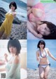 A collage of photos of a woman in a bikini on the beach.