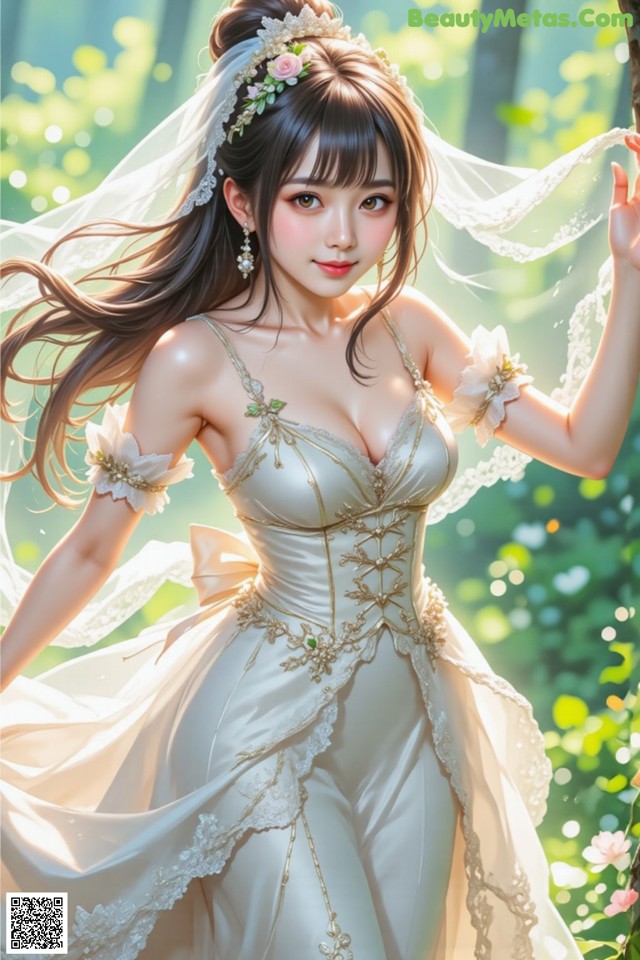 A woman in a wedding dress standing next to a tree.