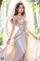 a woman in a wedding dress standing in the woods